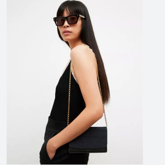 Mansur Gavriel Black Crossbody Leather and Raffia Wallet Bag w Gold Chain NWT - Picture 2 of 15